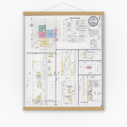 Old map wall art mockup — magnetic wood frame on white wall — Sanborn Fire Insurance Map from Blue Earth, Faribault County, Minnesota (1899), Sheet #0001