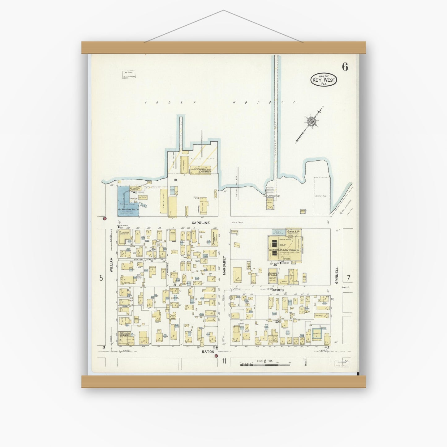Old map wall art mockup — magnetic wood frame on white wall — Sanborn Fire Insurance Map from Key West, Monroe County, Florida (1912), Sheet #0006