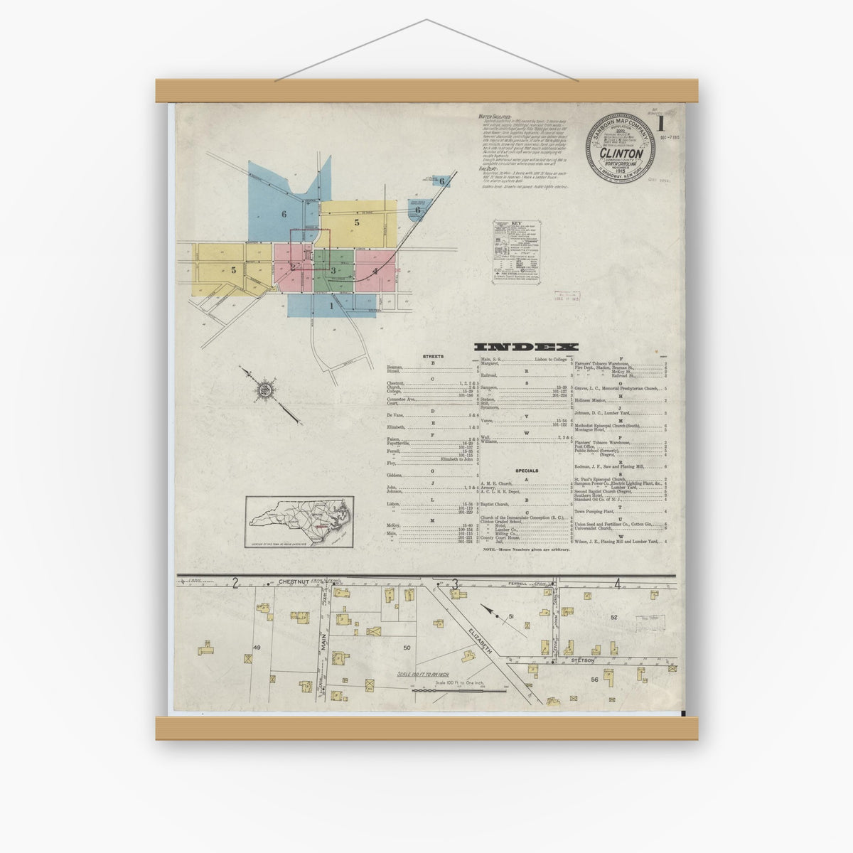 Old map wall art mockup — magnetic wood frame on white wall — Sanborn Fire Insurance Map from Clinton, Sampson County, North Carolina (1915) - Complete Map Set