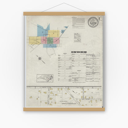 Old map wall art mockup — magnetic wood frame on white wall — Sanborn Fire Insurance Map from Clinton, Sampson County, North Carolina (1915) - Complete Map Set