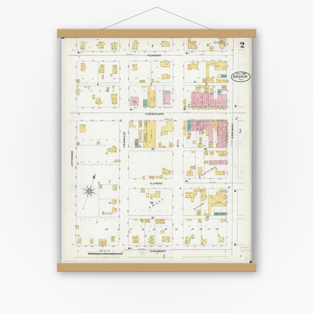 Old map wall art mockup — magnetic wood frame on white wall — Sanborn Fire Insurance Map from Greenup, Cumberland County, Illinois (1906), Sheet #0002