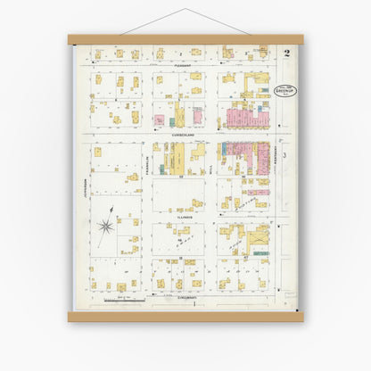 Old map wall art mockup — magnetic wood frame on white wall — Sanborn Fire Insurance Map from Greenup, Cumberland County, Illinois (1906), Sheet #0002