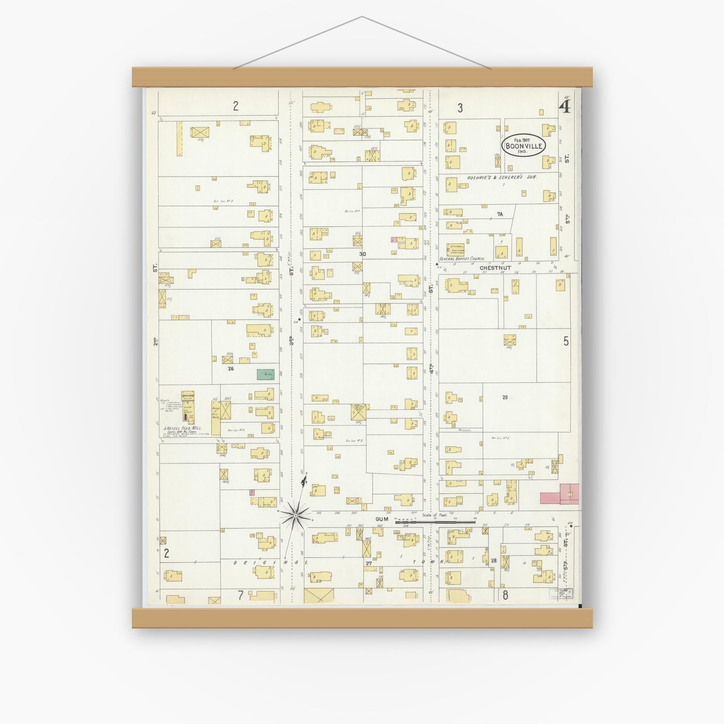 Old map wall art mockup — magnetic wood frame on white wall — Sanborn Fire Insurance Map from Boonville, Warrick County, Indiana (1907), Sheet #0004