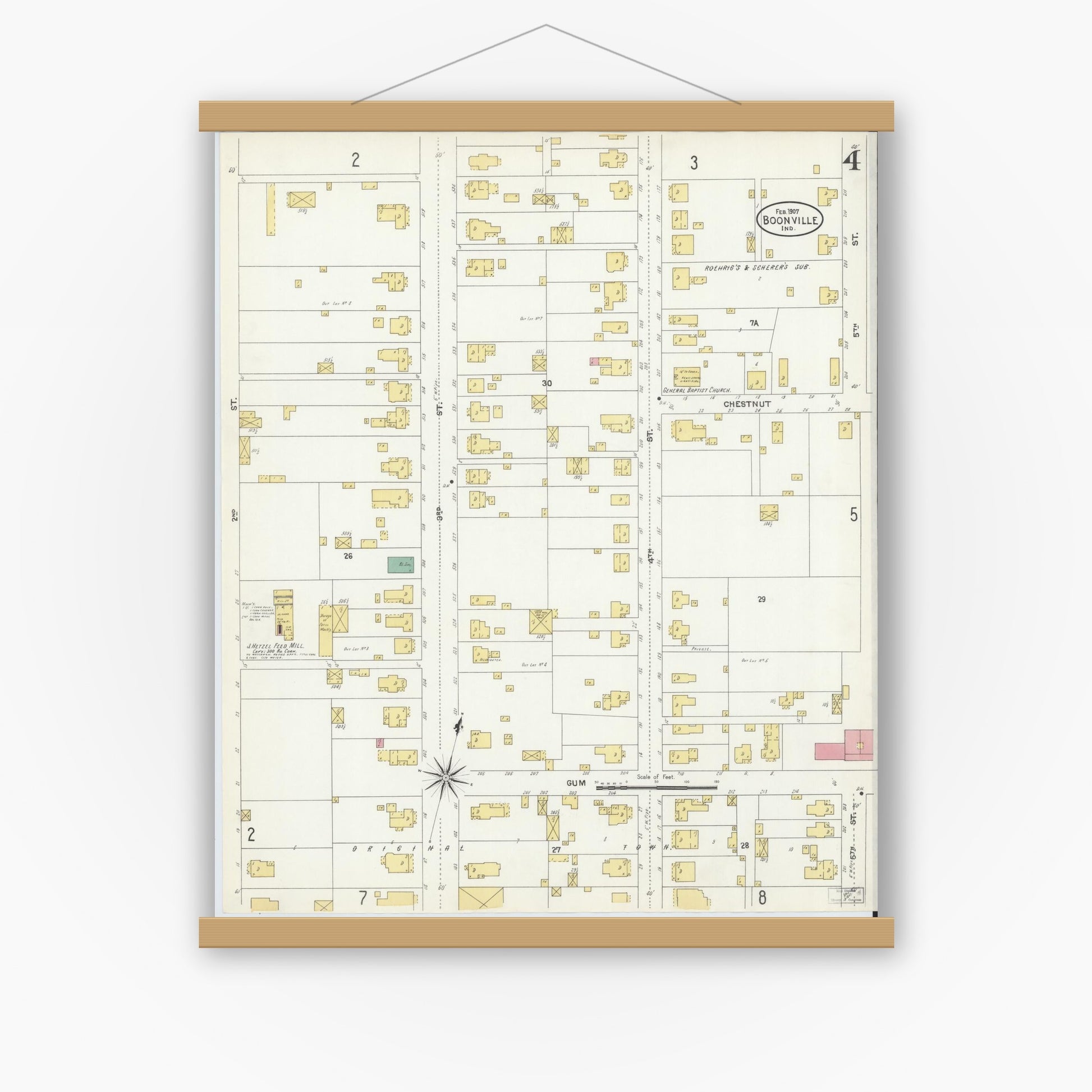 Old map wall art mockup — magnetic wood frame on white wall — Sanborn Fire Insurance Map from Boonville, Warrick County, Indiana (1907), Sheet #0004