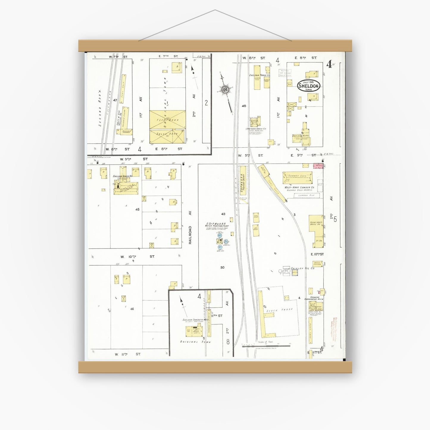 Old map wall art mockup — magnetic wood frame on white wall — Sanborn Fire Insurance Map from Sheldon, O'Brien County, Iowa (1918), Sheet #0004
