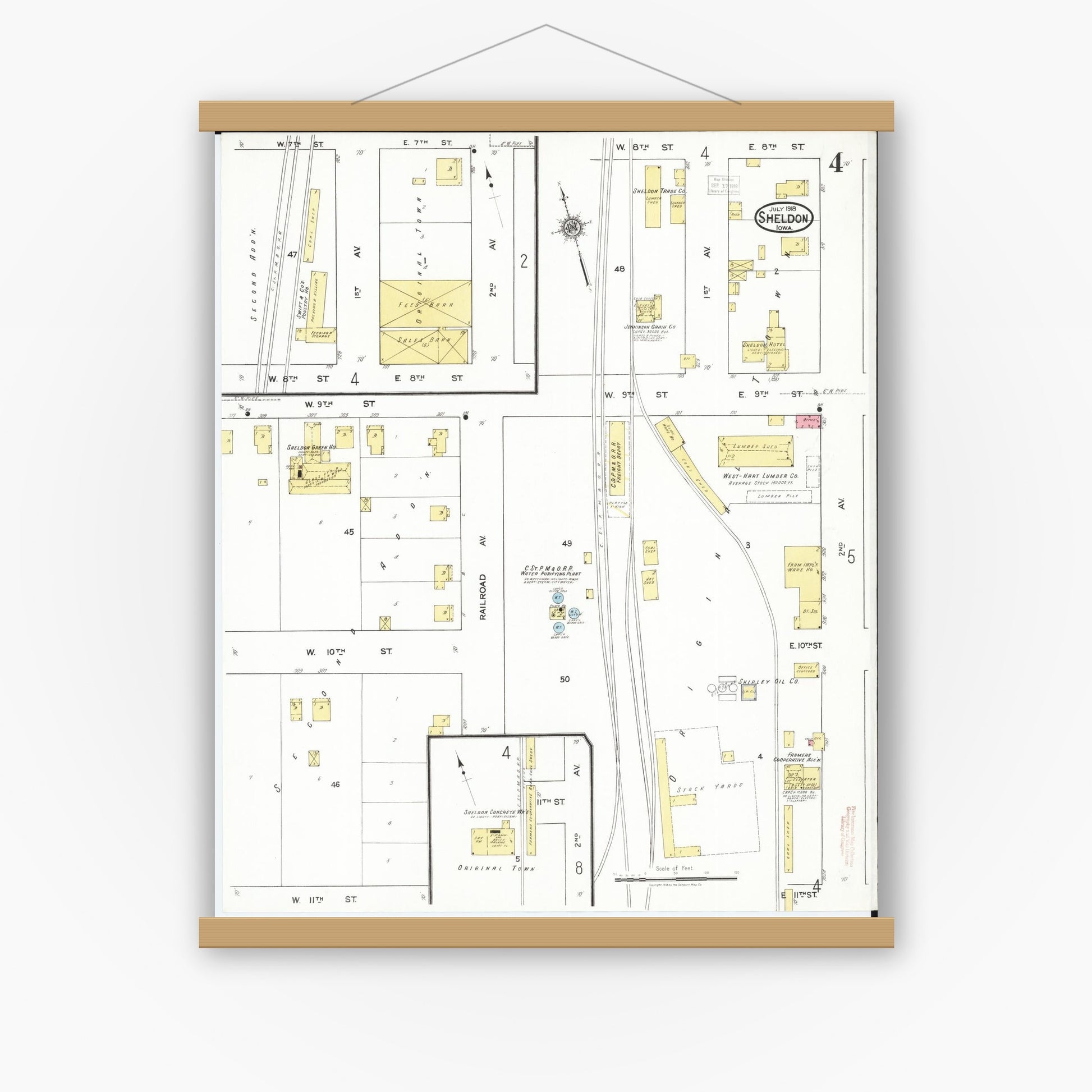 Old map wall art mockup — magnetic wood frame on white wall — Sanborn Fire Insurance Map from Sheldon, O'Brien County, Iowa (1918), Sheet #0004