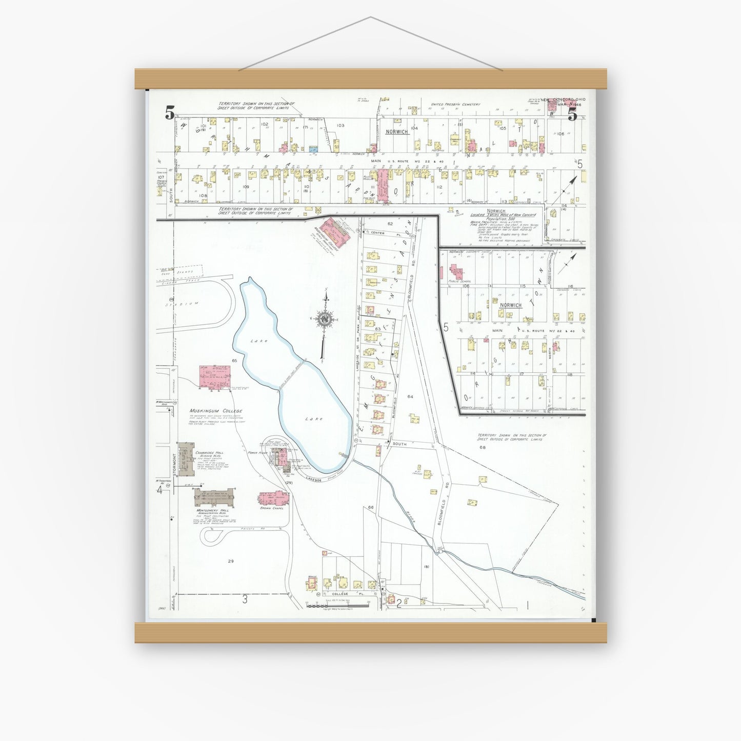 Old map wall art mockup — magnetic wood frame on white wall — Sanborn Fire Insurance Map from New Concord, Muskingum County, Ohio (1946), Sheet #0005
