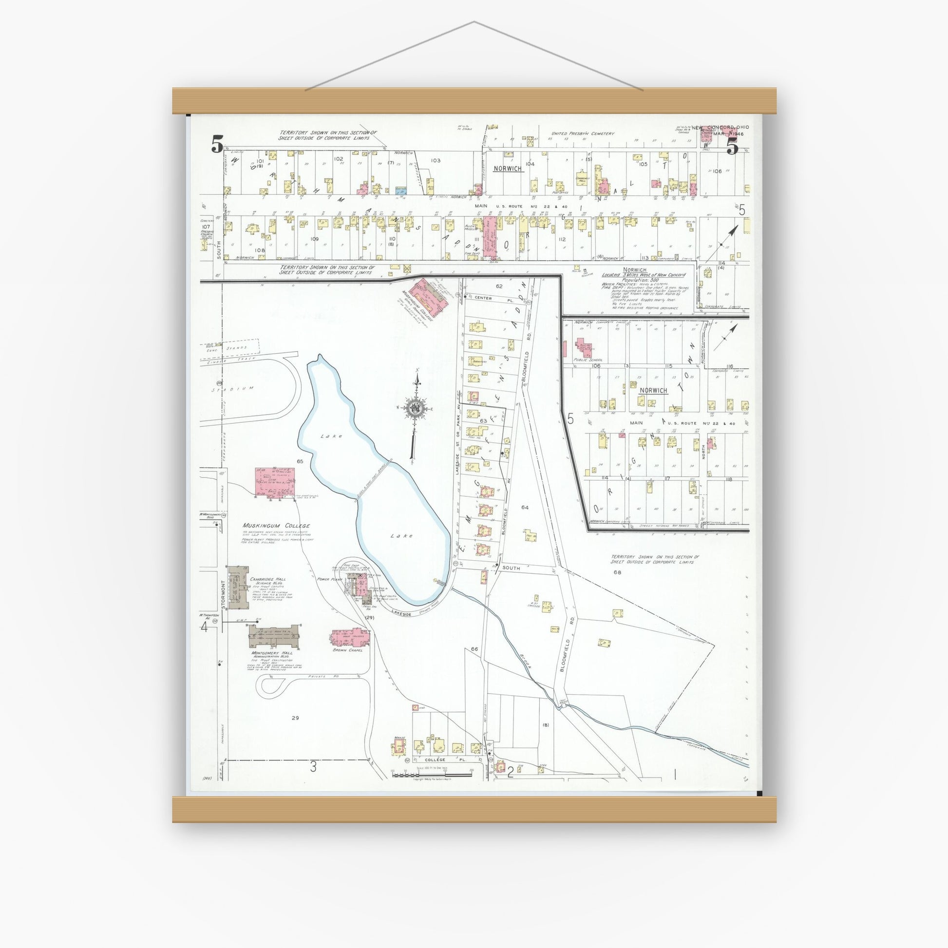 Old map wall art mockup — magnetic wood frame on white wall — Sanborn Fire Insurance Map from New Concord, Muskingum County, Ohio (1946), Sheet #0005