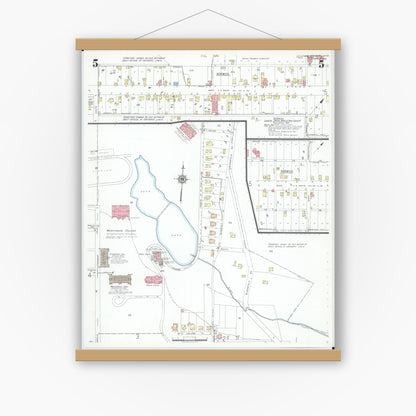 Old map wall art mockup — magnetic wood frame on white wall — Sanborn Fire Insurance Map from New Concord, Muskingum County, Ohio (1946), Sheet #0005