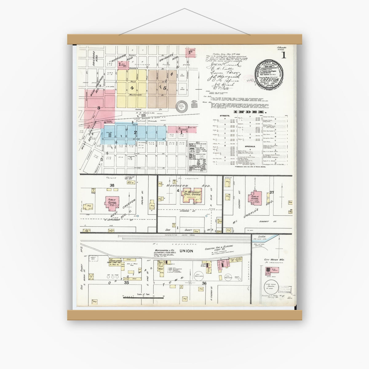 Old map wall art mockup — magnetic wood frame on white wall — Sanborn Fire Insurance Map from Creston, Union County, Iowa (1891) â€” Complete Set