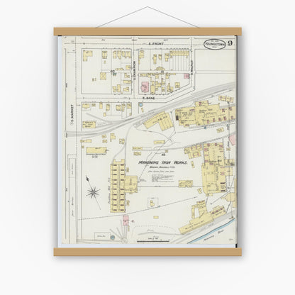 Old map wall art mockup — magnetic wood frame on white wall — Sanborn Fire Insurance Map from Youngstown, Mahoning County, Ohio (1889), Sheet #0009
