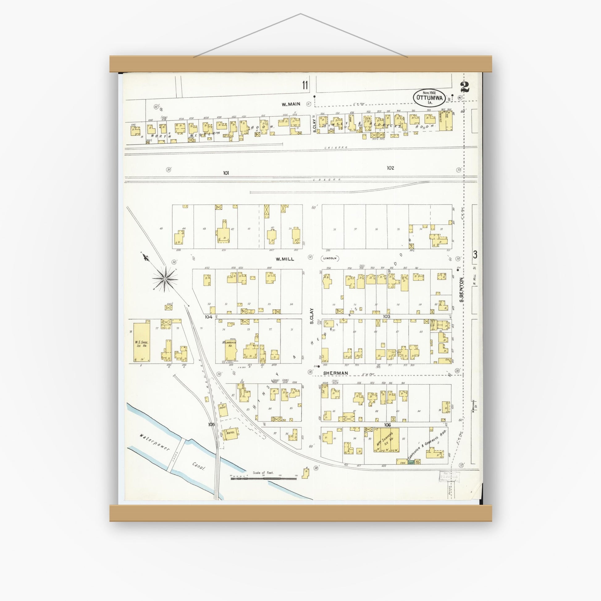 Old map wall art mockup — magnetic wood frame on white wall — Sanborn Fire Insurance Map from Ottumwa, Wapello County, Iowa (1902), Sheet #0002