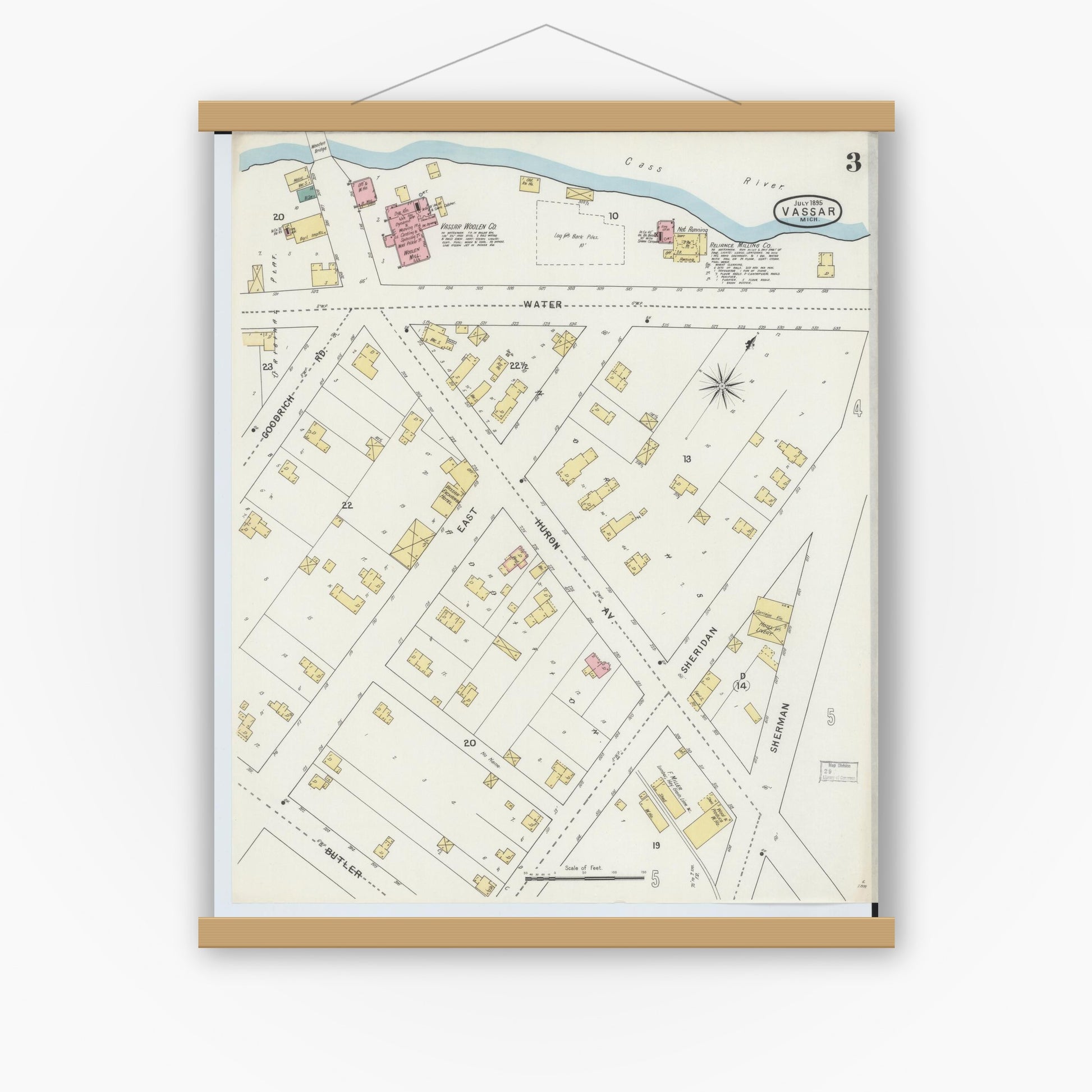Old map wall art mockup — magnetic wood frame on white wall — Sanborn Fire Insurance Map from Vassar, Tuscola County, Michigan (1895), Sheet #0003