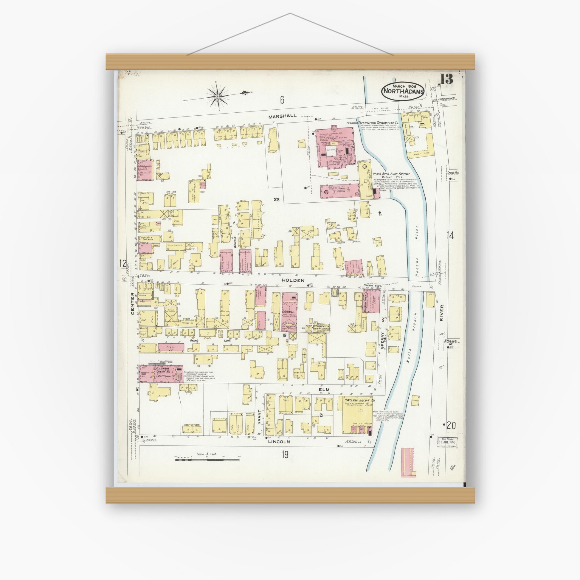Old map wall art mockup — magnetic wood frame on white wall — Sanborn Fire Insurance Map from North Adams, Berkshire County, Massachusetts (1908), Sheet #0013