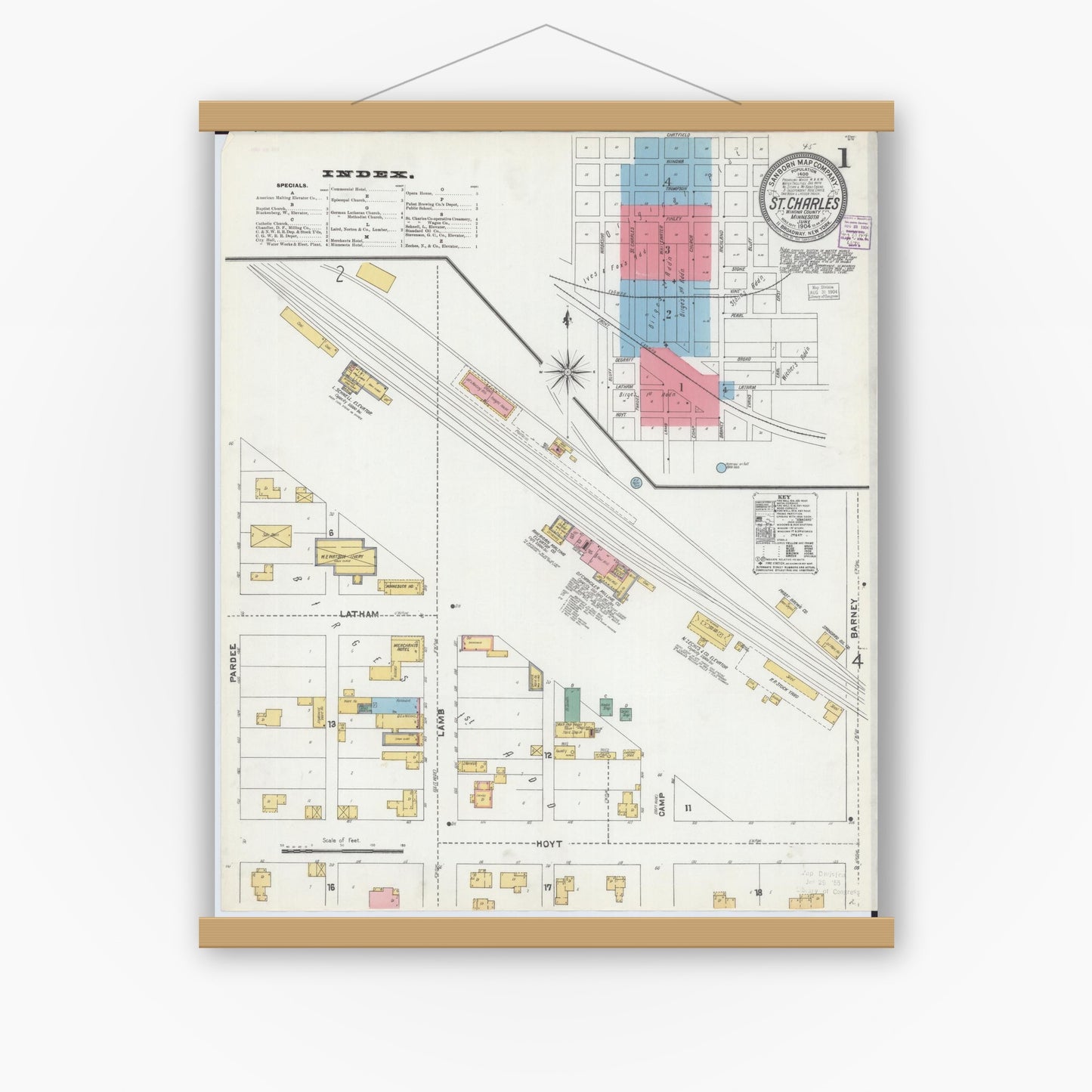 Old map wall art mockup — magnetic wood frame on white wall — Sanborn Fire Insurance Map from Saint Charles, Winona County, Minnesota (1904) - Complete Map Set