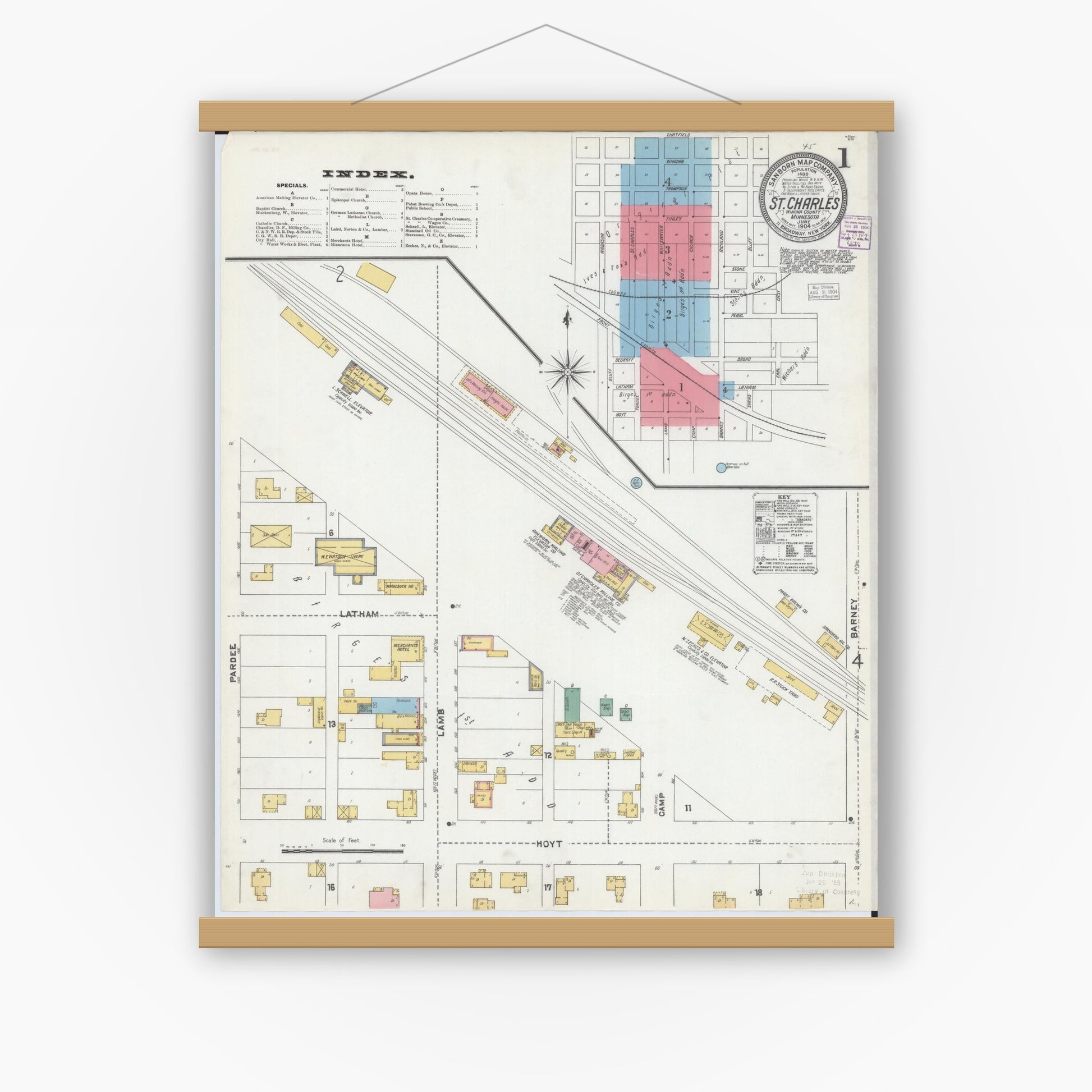 Old map wall art mockup — magnetic wood frame on white wall — Sanborn Fire Insurance Map from Saint Charles, Winona County, Minnesota (1904) - Complete Map Set