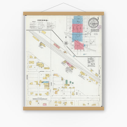 Old map wall art mockup — magnetic wood frame on white wall — Sanborn Fire Insurance Map from Saint Charles, Winona County, Minnesota (1904) - Complete Map Set