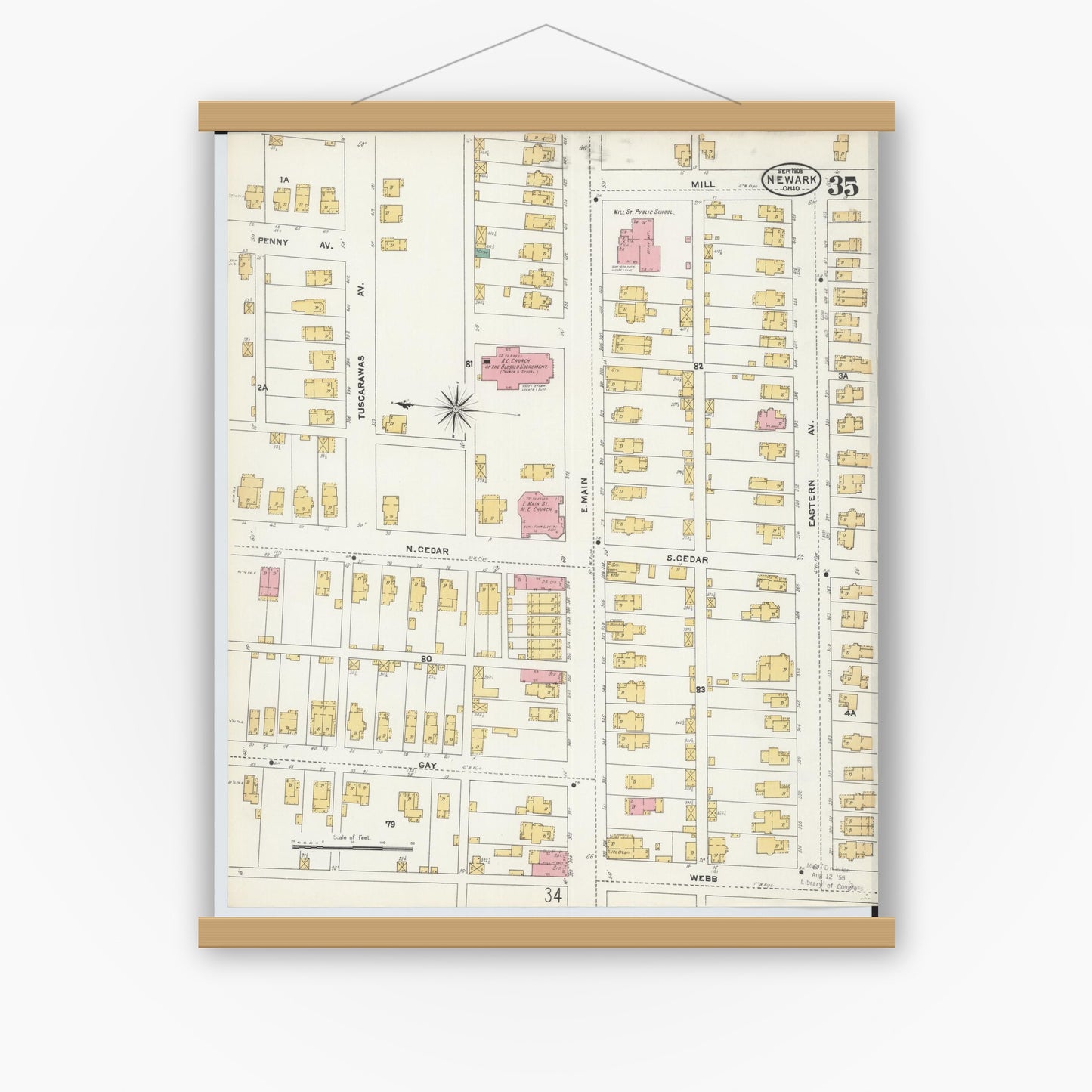 Old map wall art mockup — magnetic wood frame on white wall — Sanborn Fire Insurance Map from Newark, Licking County, Ohio (1905), Sheet #0035
