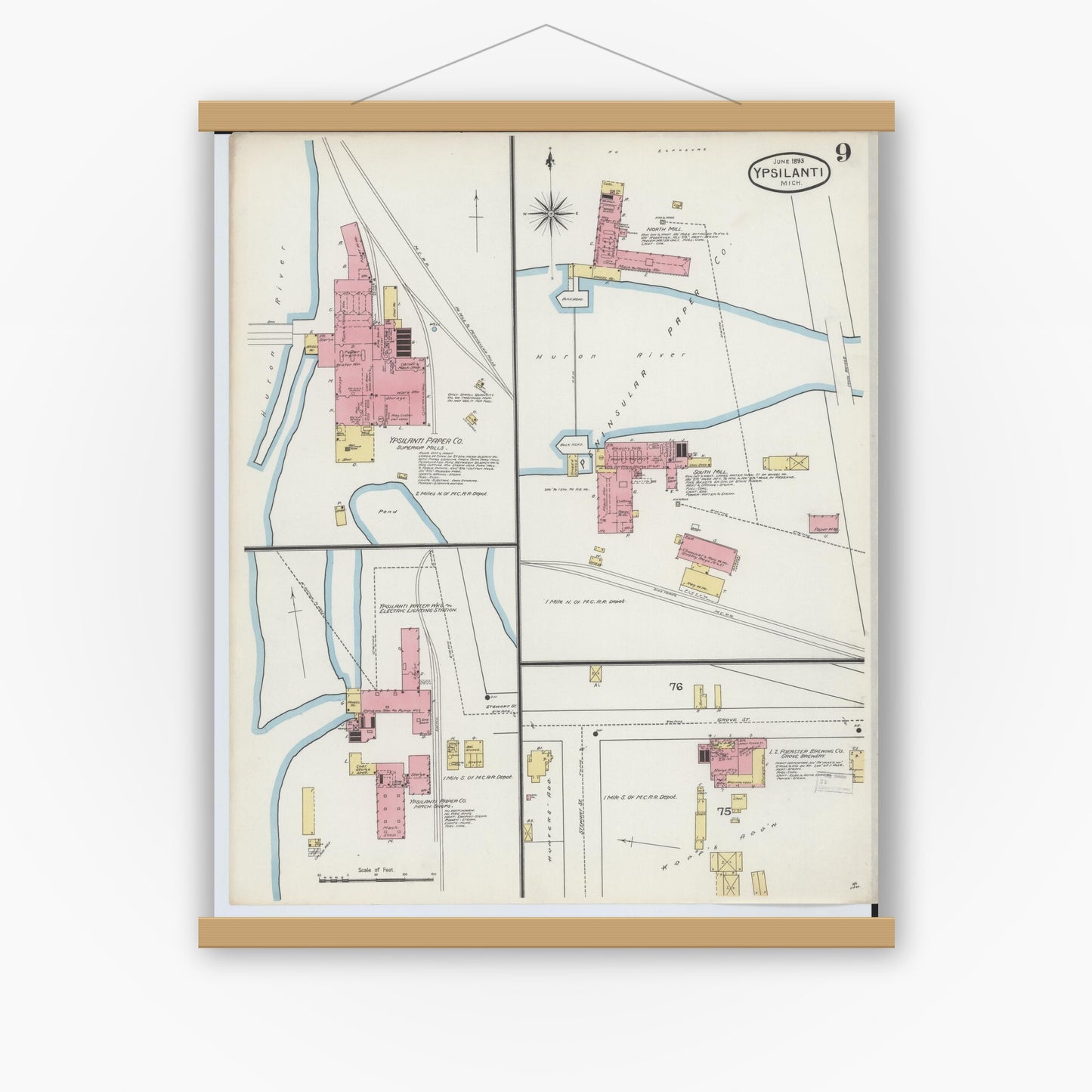 Old map wall art mockup — magnetic wood frame on white wall — Sanborn Fire Insurance Map from Ypsilanti, Washtenaw County, Michigan (1893), Sheet #0009