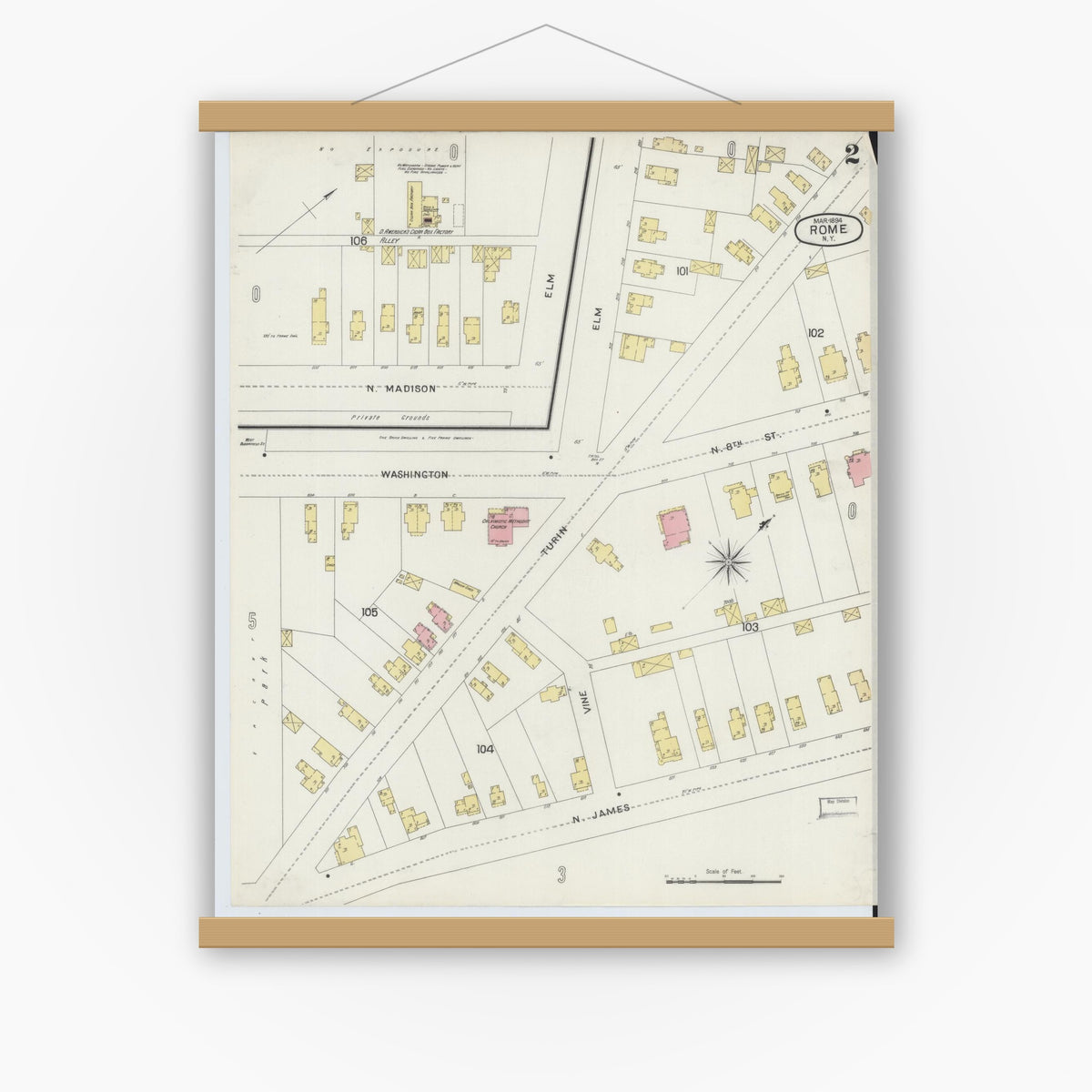 Old map wall art mockup — magnetic wood frame on white wall — Sanborn Fire Insurance Map from Rome, Oneida County, New York (1894), Sheet #0002