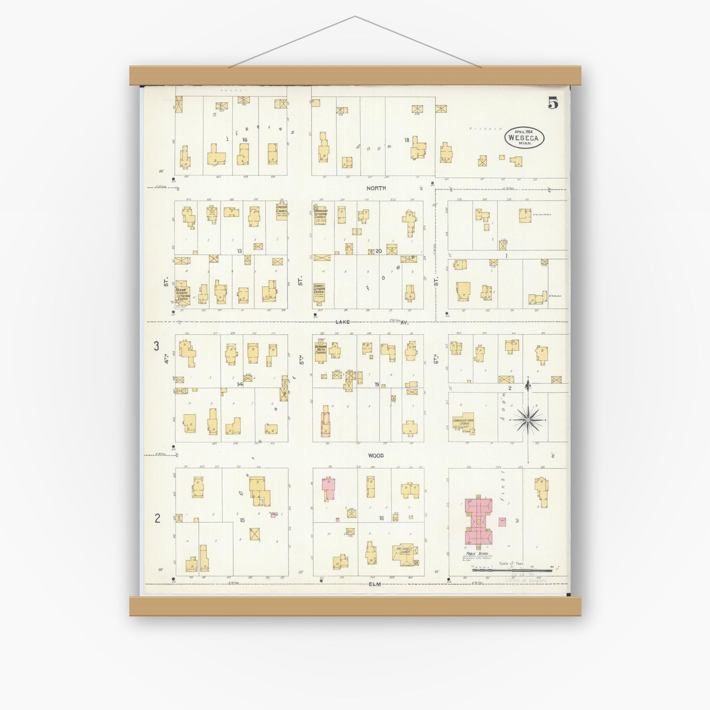 Old map wall art mockup — magnetic wood frame on white wall — Sanborn Fire Insurance Map from Waseca, Waseca County, Minnesota (1904), Sheet #0005