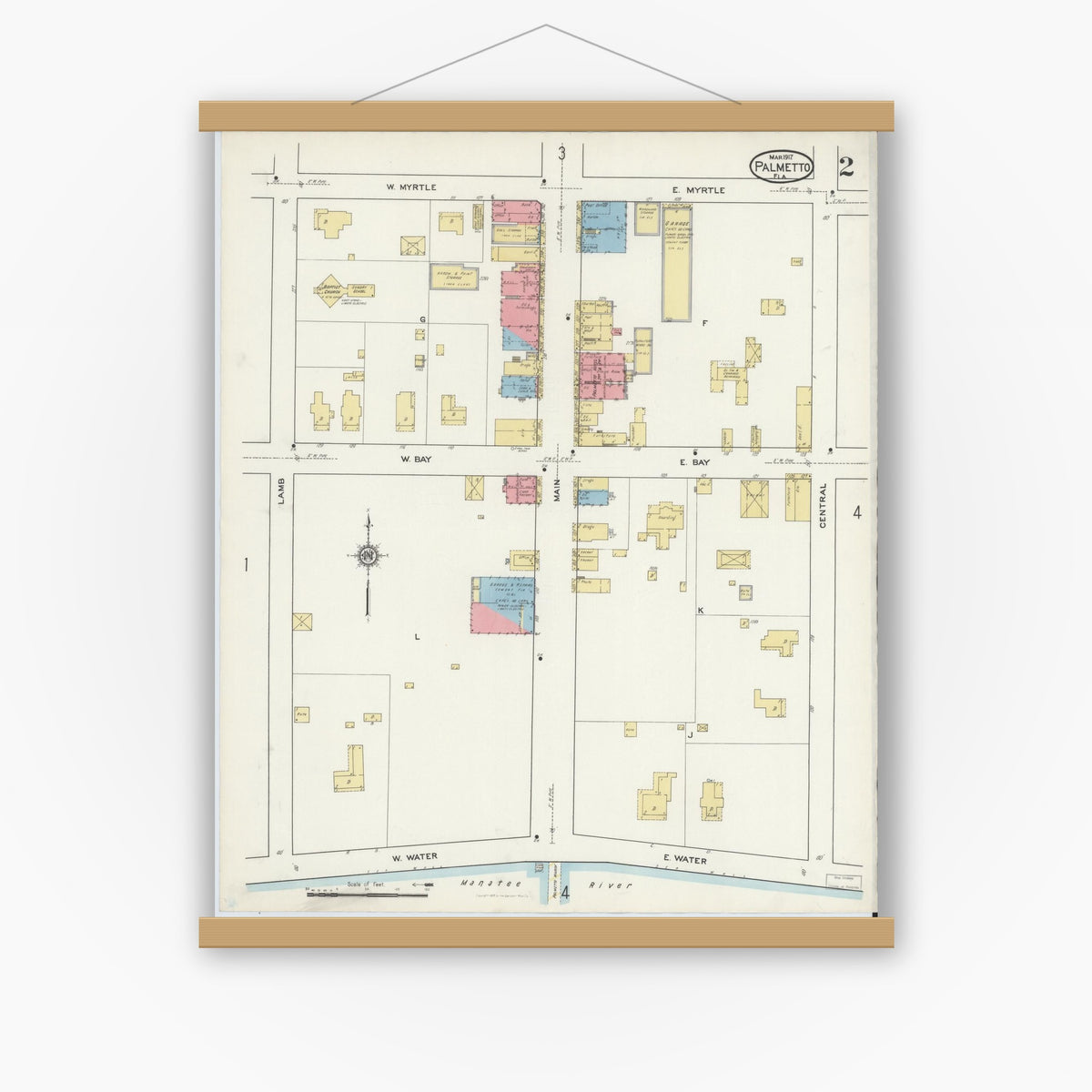 Old map wall art mockup — magnetic wood frame on white wall — Sanborn Fire Insurance Map from Palmetto, Manatee County, Florida (1917), Sheet #0002