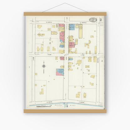 Old map wall art mockup — magnetic wood frame on white wall — Sanborn Fire Insurance Map from Palmetto, Manatee County, Florida (1917), Sheet #0002