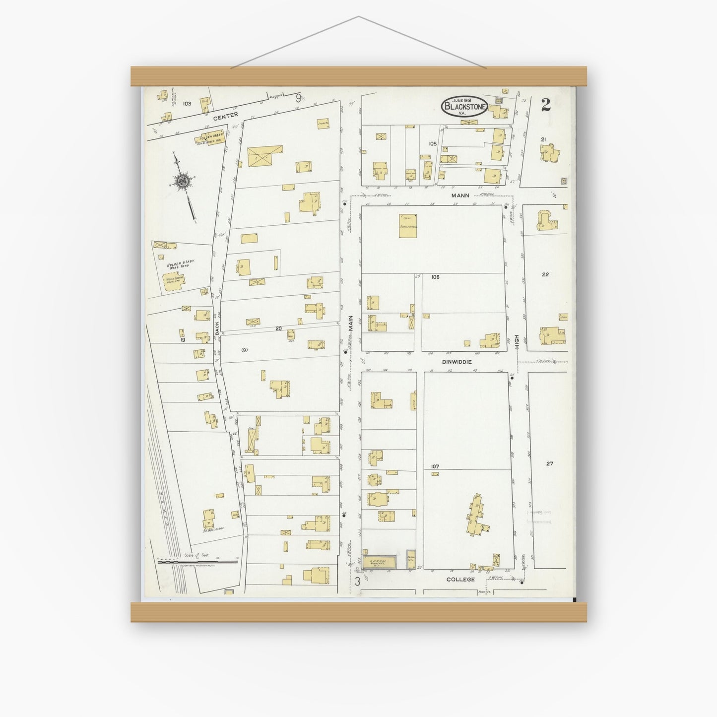 Old map wall art mockup — magnetic wood frame on white wall — Sanborn Fire Insurance Map from Blackstone, Nottoway County, Virginia (1919), Sheet #0002