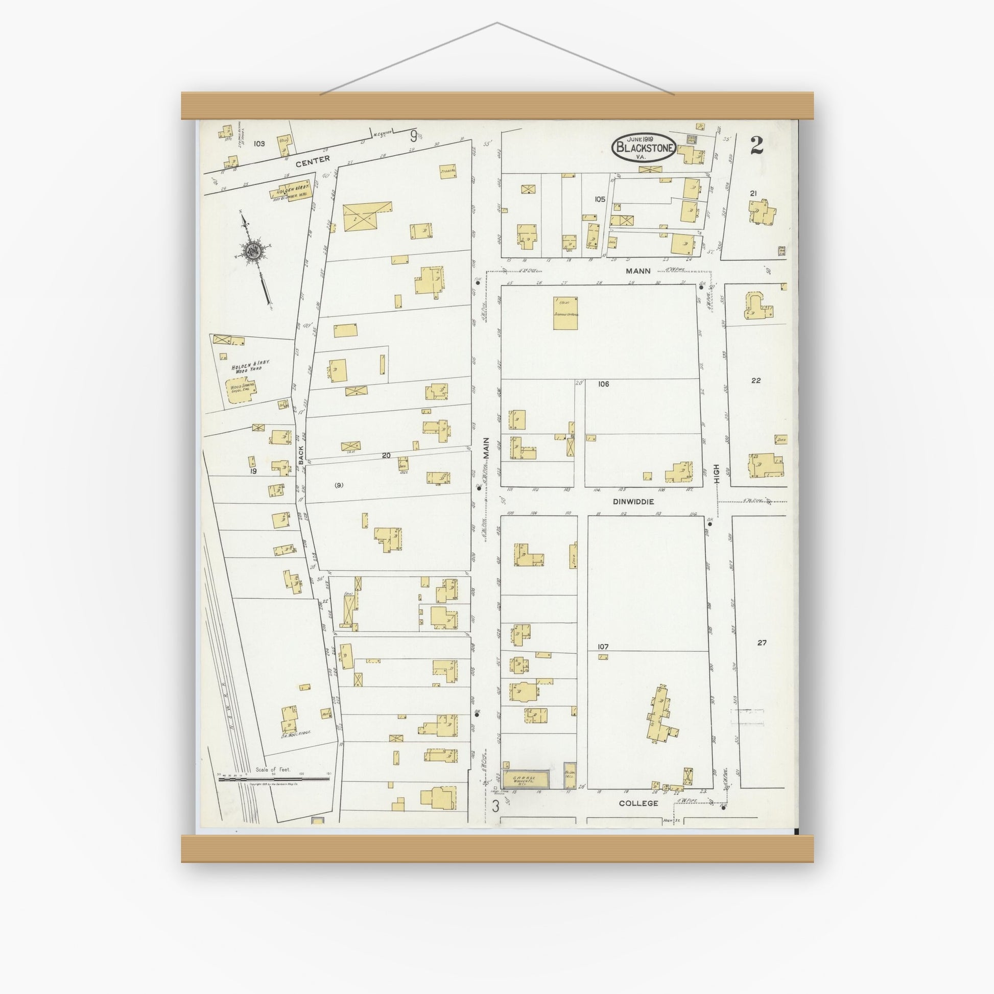 Old map wall art mockup — magnetic wood frame on white wall — Sanborn Fire Insurance Map from Blackstone, Nottoway County, Virginia (1919), Sheet #0002