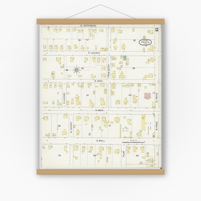 Old map wall art mockup — magnetic wood frame on white wall — Sanborn Fire Insurance Map from Paris, Lamar County, Texas (1892), Sheet #0002