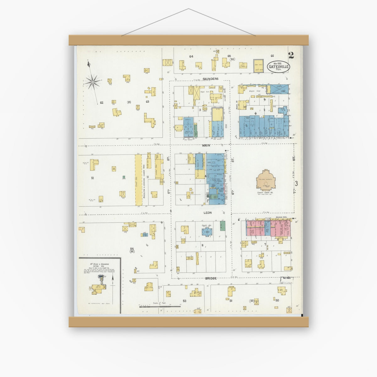 Old map wall art mockup — magnetic wood frame on white wall — Sanborn Fire Insurance Map from Gatesville, Coryell County, Texas (1902), Sheet #0002