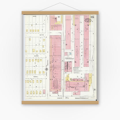 Old map wall art mockup — magnetic wood frame on white wall — Sanborn Fire Insurance Map from Flint, Genesee County, Michigan (1909), Sheet #0035