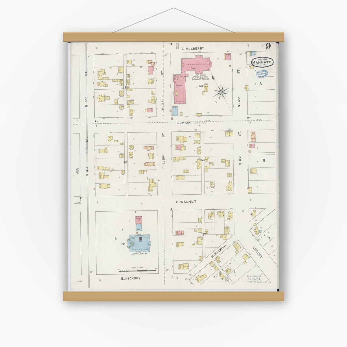 Old map wall art mockup — magnetic wood frame on white wall — Sanborn Fire Insurance Map from Mankato, Blue Earth County, Minnesota (1894), Sheet #0009