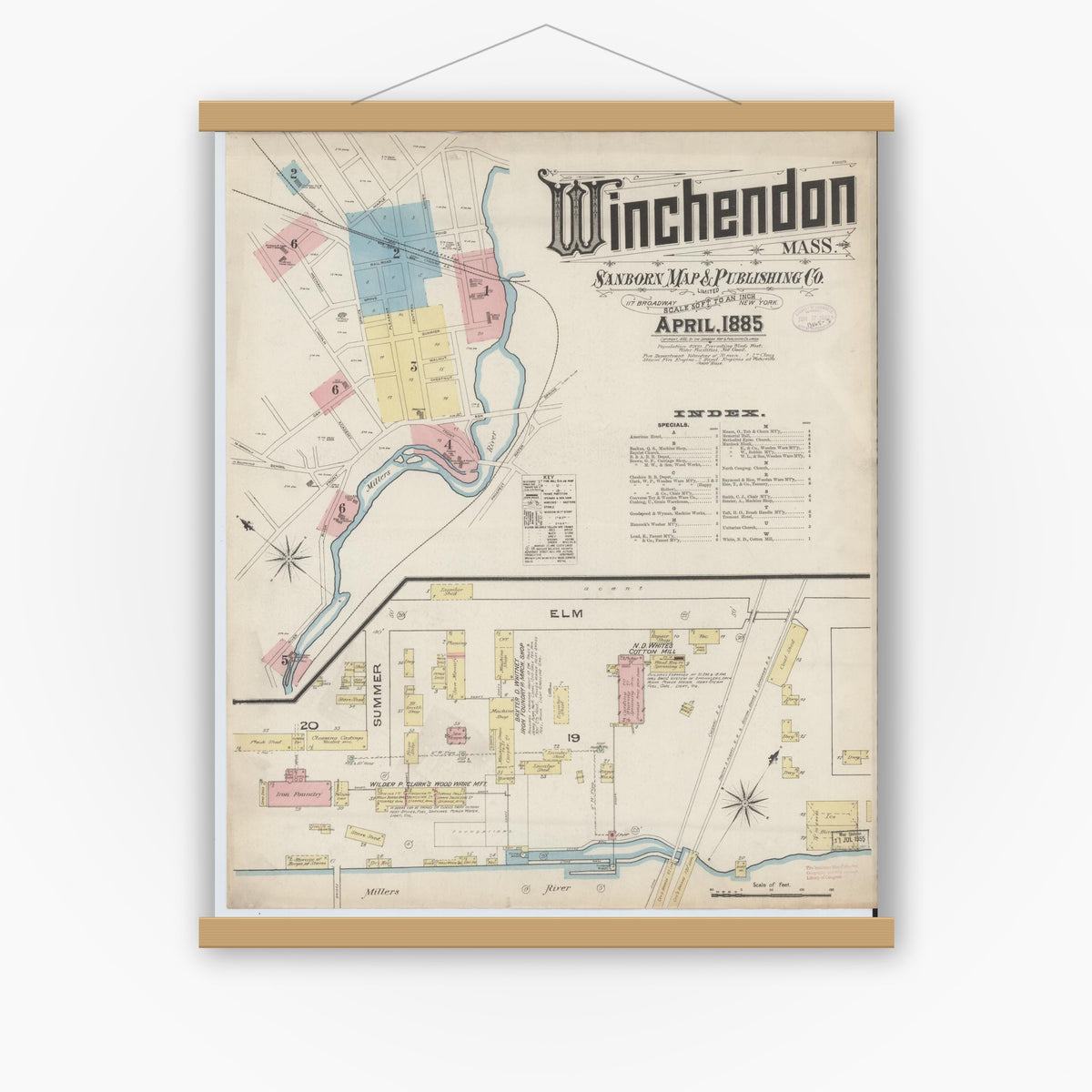 Old map wall art mockup — magnetic wood frame on white wall — Sanborn Fire Insurance Map from Winchendon, Worcester County, Massachusetts (1885) - Complete Map Set