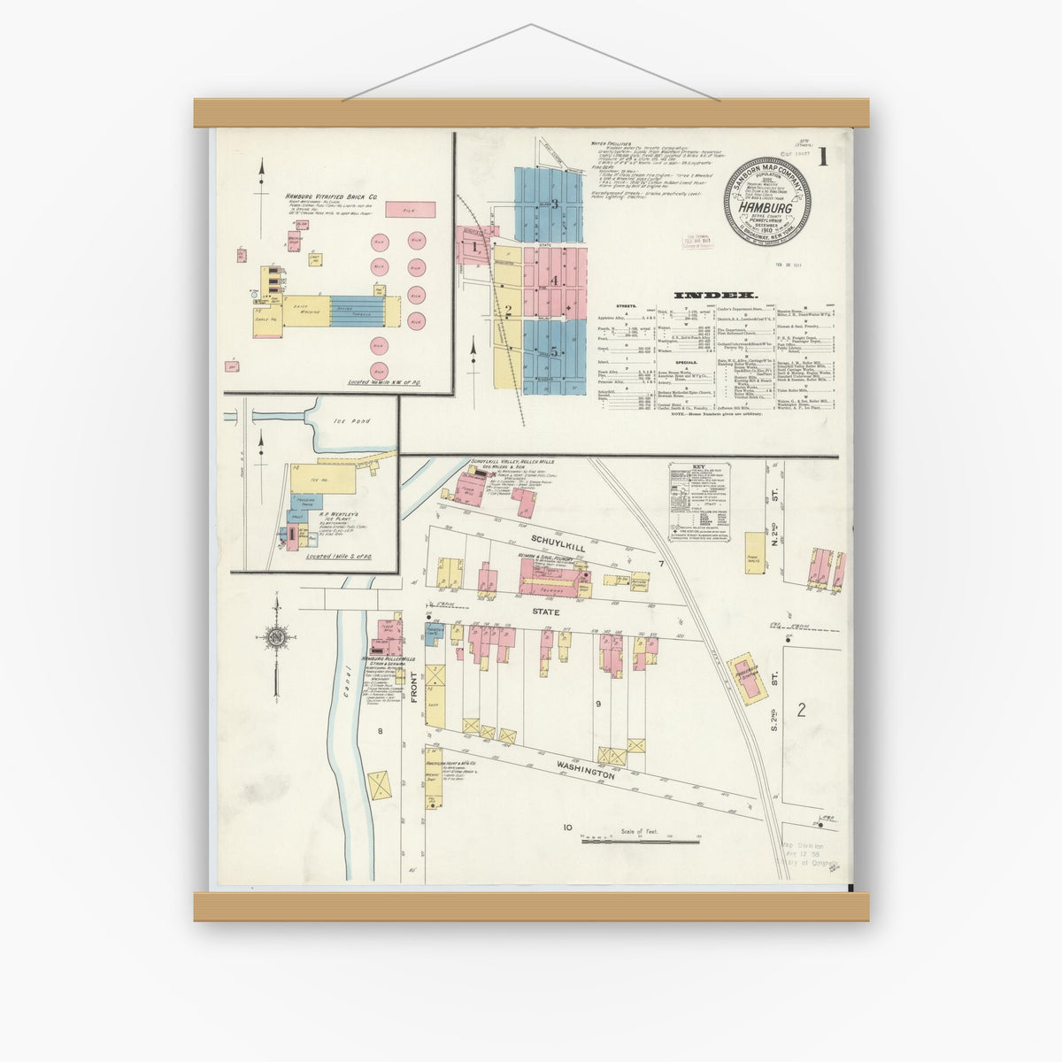 Old map wall art mockup — magnetic wood frame on white wall — Sanborn Fire Insurance Map from Hamburg, Berks County, Pennsylvania (1910) - Complete Map Set