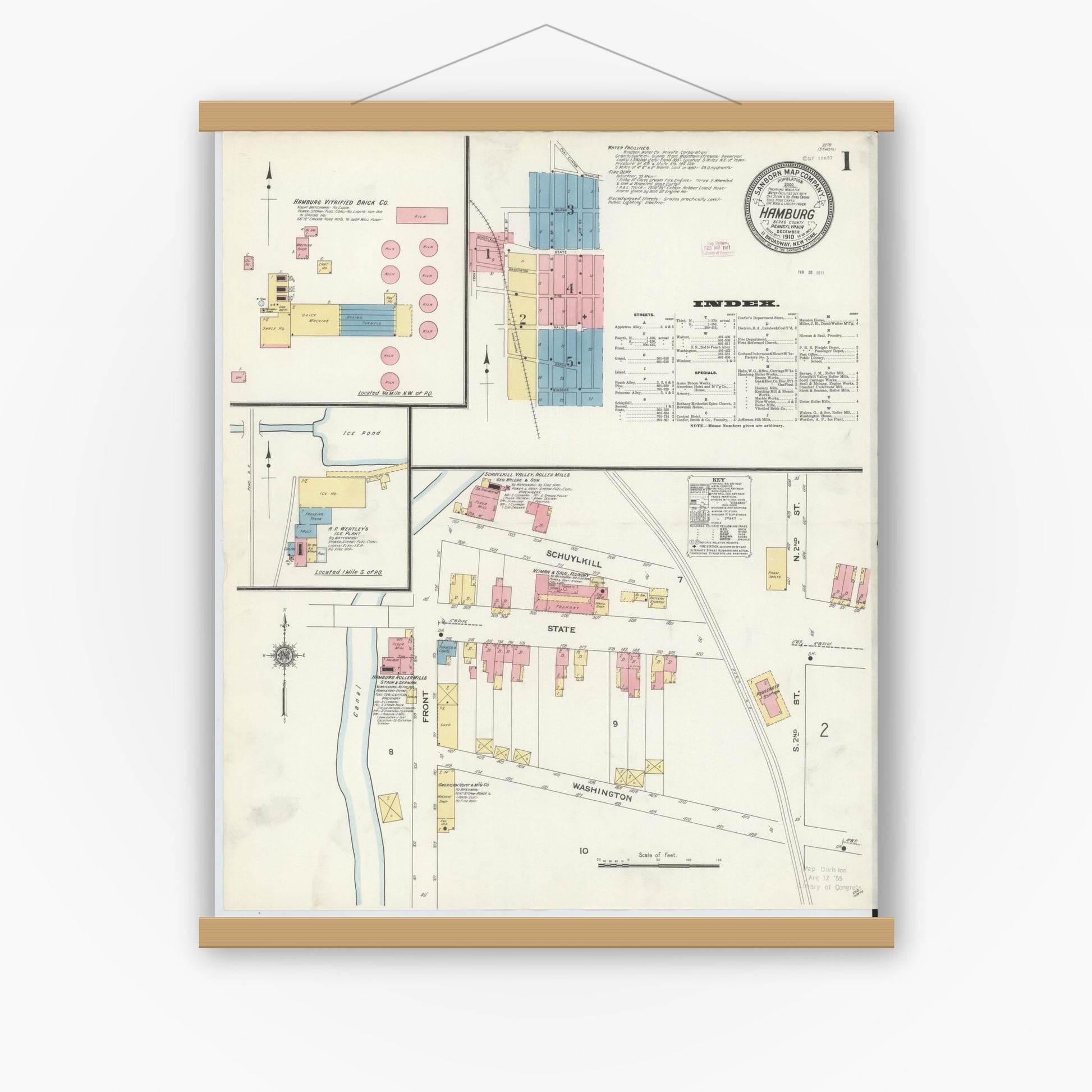 Old map wall art mockup — magnetic wood frame on white wall — Sanborn Fire Insurance Map from Hamburg, Berks County, Pennsylvania (1910) - Complete Map Set
