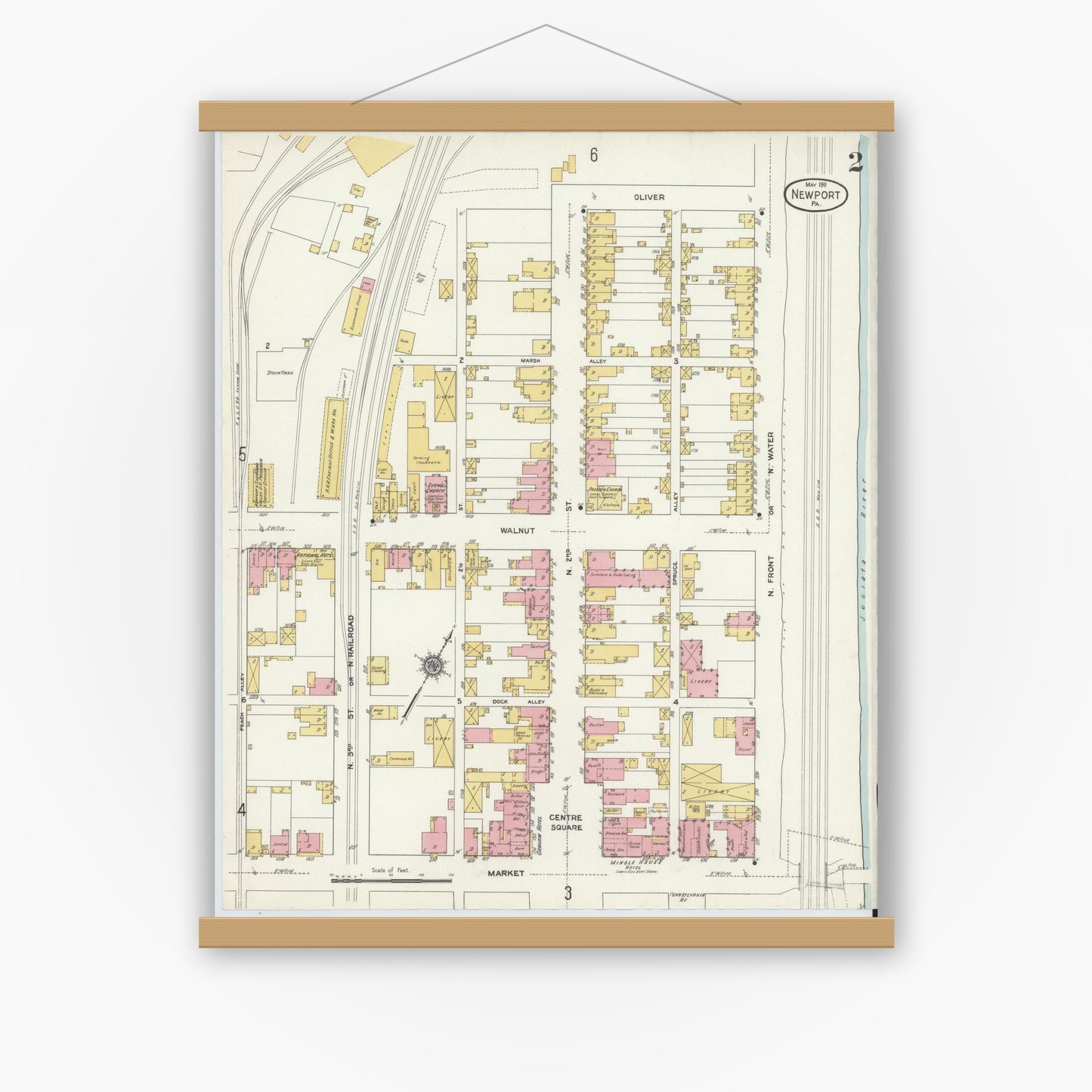 Old map wall art mockup — magnetic wood frame on white wall — Sanborn Fire Insurance Map from Newport, Perry County, Pennsylvania (1911), Sheet #0002