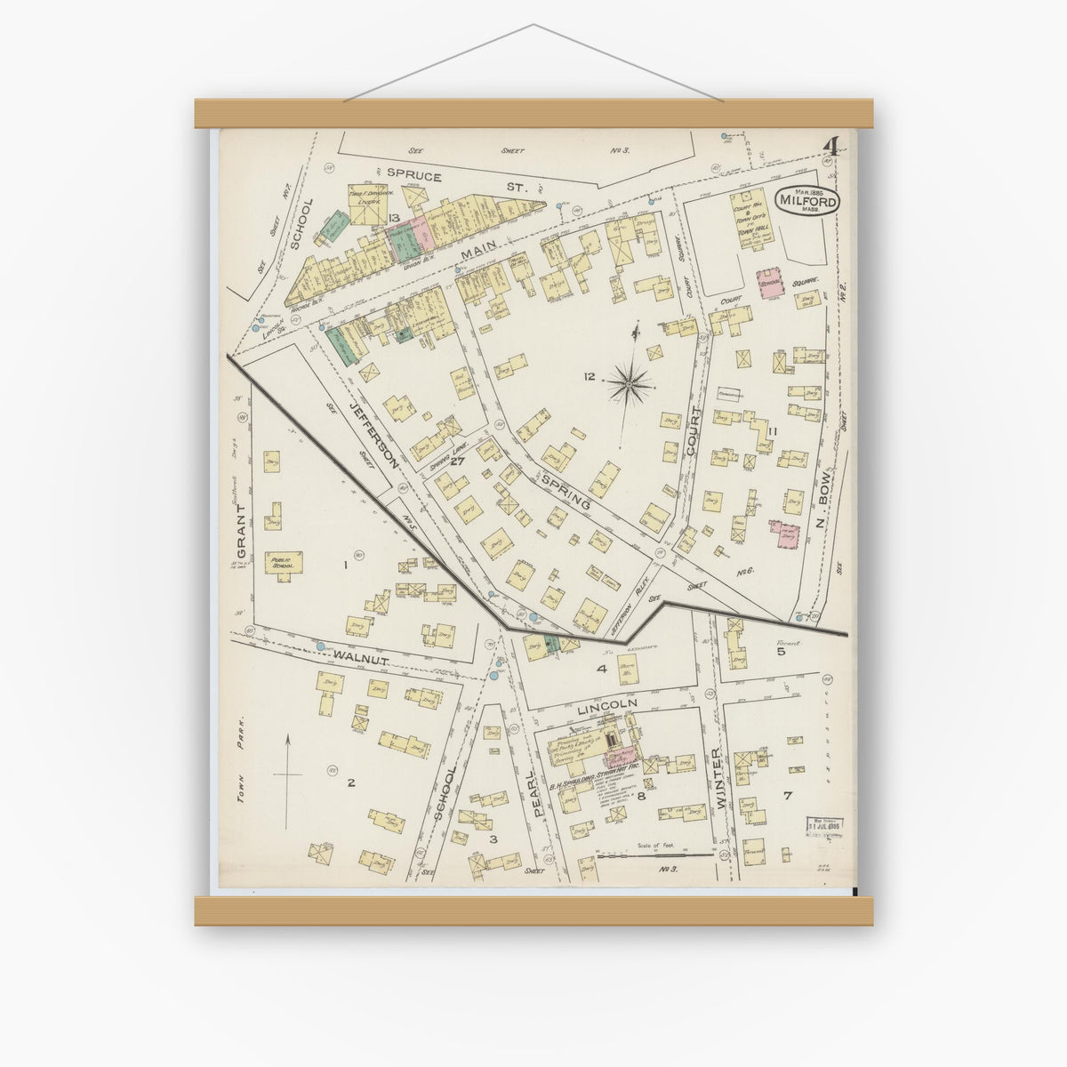 Old map wall art mockup — magnetic wood frame on white wall — Sanborn Fire Insurance Map from Milford, Worcester County, Massachusetts (1885), Sheet #0004