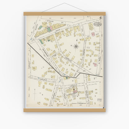 Old map wall art mockup — magnetic wood frame on white wall — Sanborn Fire Insurance Map from Milford, Worcester County, Massachusetts (1885), Sheet #0004