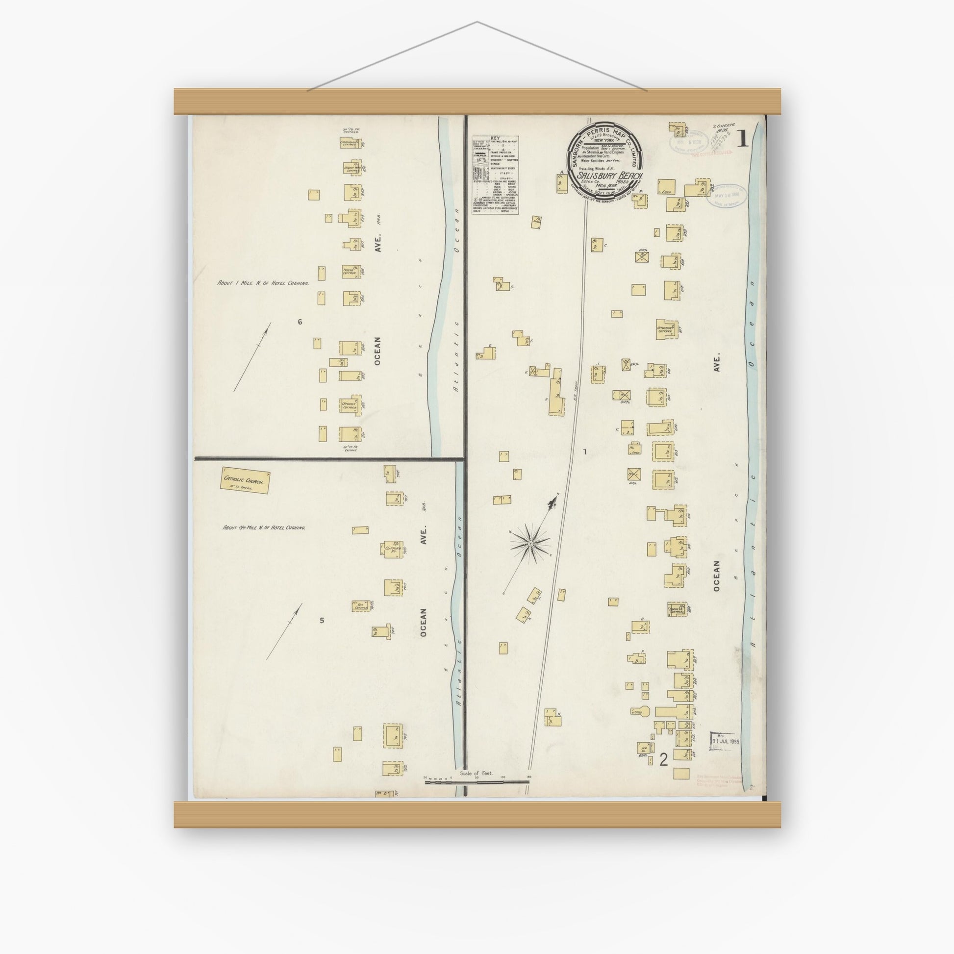 Old map wall art mockup — magnetic wood frame on white wall — Sanborn Fire Insurance Map from Salisbury, Essex County, Massachusetts (1898), Sheet #0001