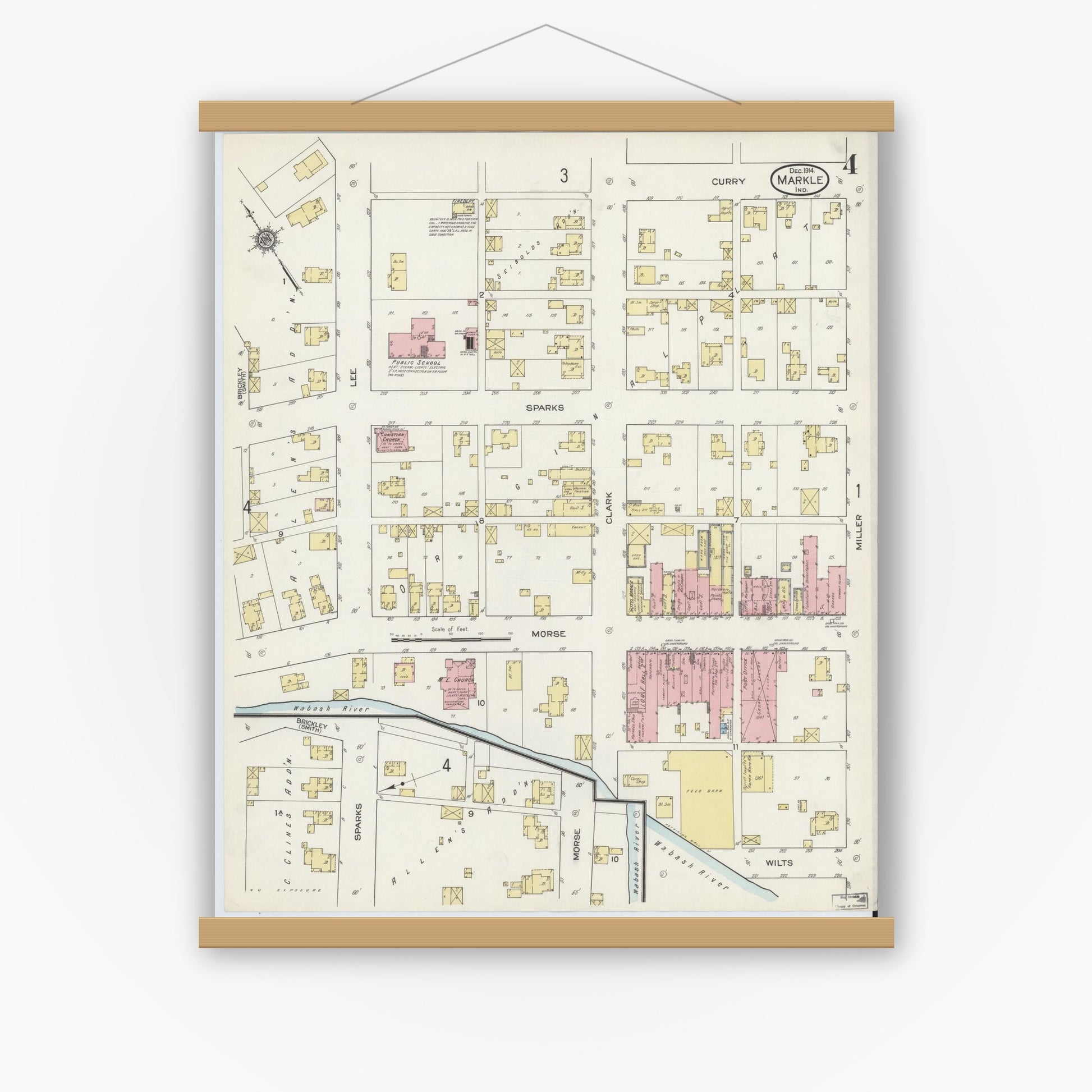 Old map wall art mockup — magnetic wood frame on white wall — Sanborn Fire Insurance Map from Markle, Huntington County, Indiana (1914), Sheet #0004