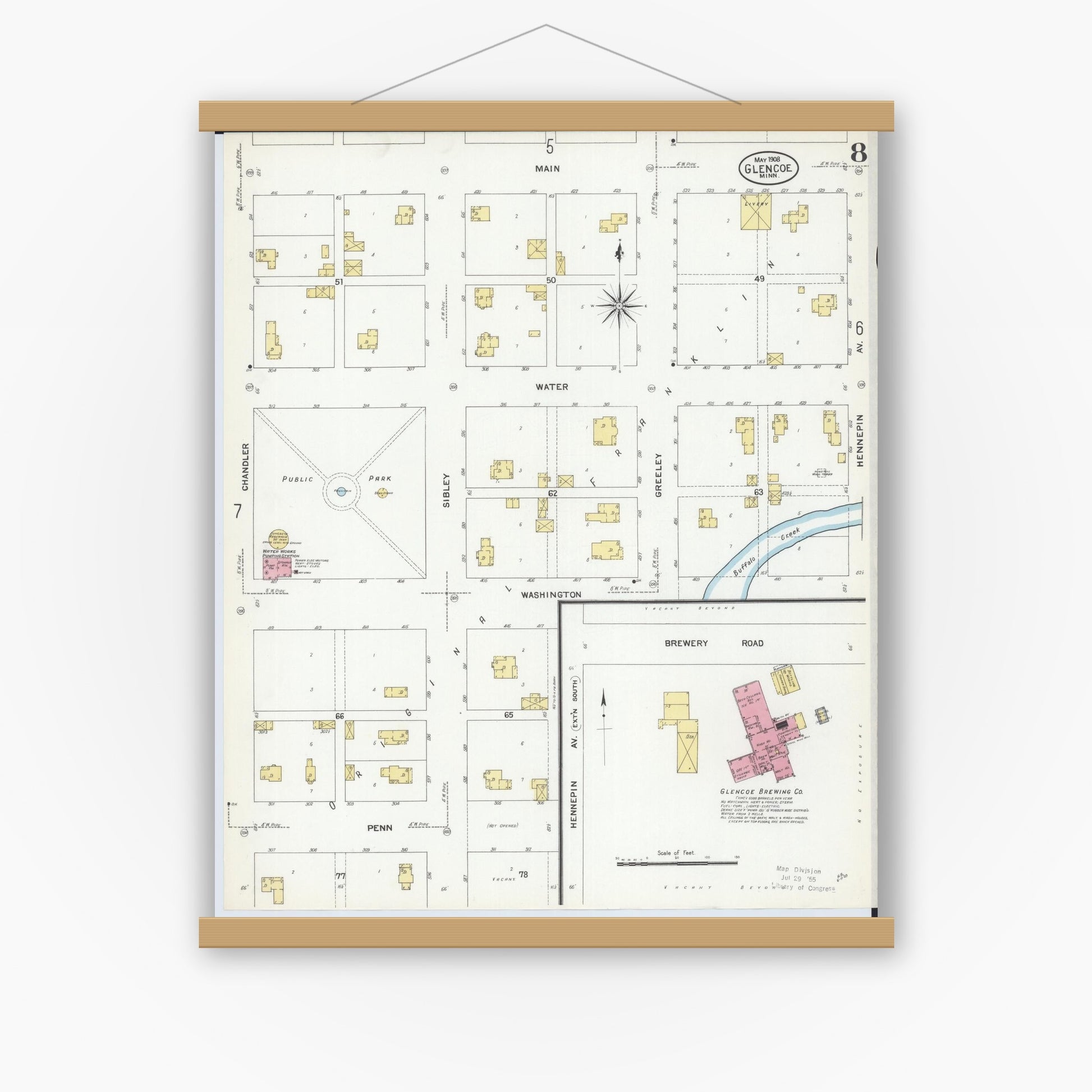 Old map wall art mockup — magnetic wood frame on white wall — Sanborn Fire Insurance Map from Glencoe, Mcleod County, Minnesota (1908), Sheet #0008