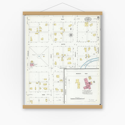 Old map wall art mockup — magnetic wood frame on white wall — Sanborn Fire Insurance Map from Glencoe, Mcleod County, Minnesota (1908), Sheet #0008