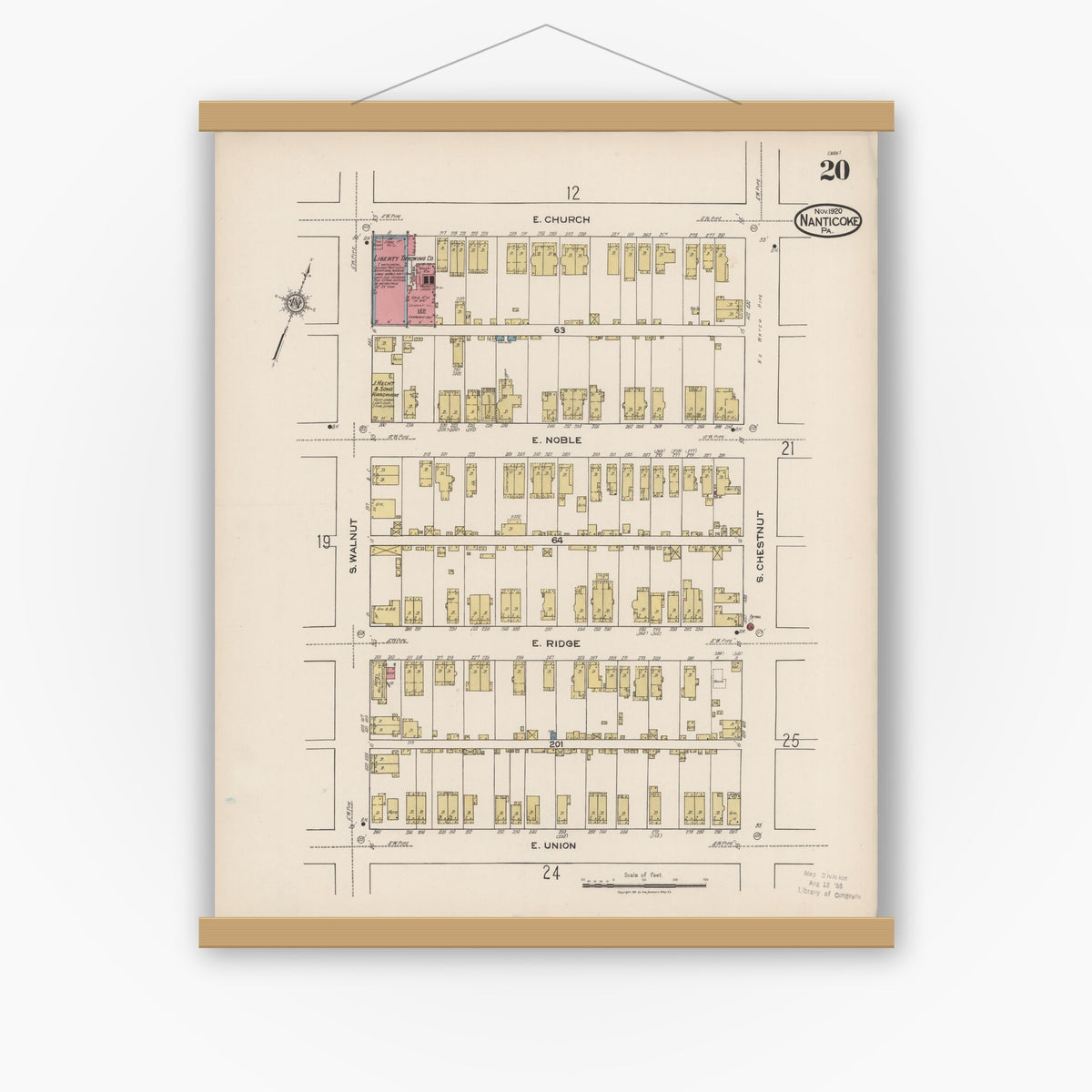 Old map wall art mockup — magnetic wood frame on white wall — Sanborn Fire Insurance Map from Nanticoke, Luzerne County, Pennsylvania (1920), Sheet #0020