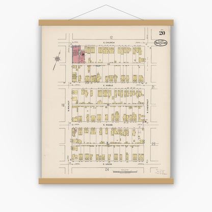 Old map wall art mockup — magnetic wood frame on white wall — Sanborn Fire Insurance Map from Nanticoke, Luzerne County, Pennsylvania (1920), Sheet #0020