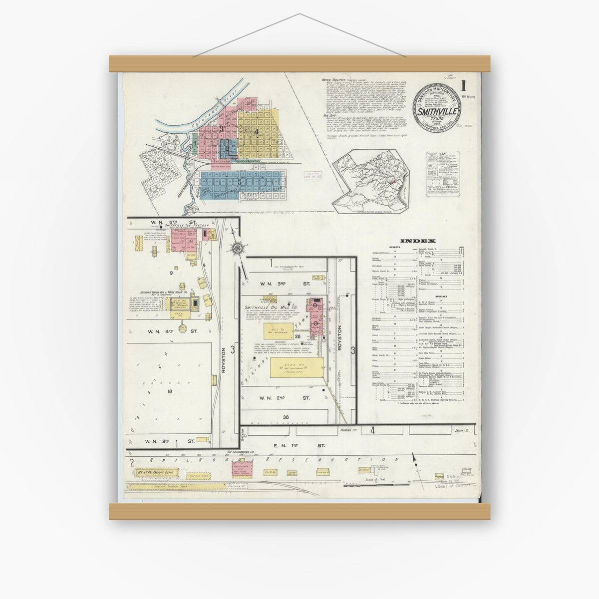 Old map wall art mockup — magnetic wood frame on white wall — Sanborn Fire Insurance Map from Smithville, Bastrop County, Texas (1915) - Complete Map Set