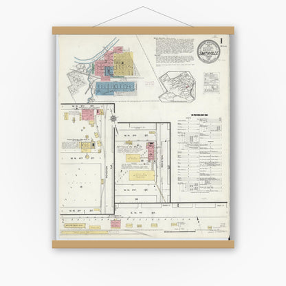 Old map wall art mockup — magnetic wood frame on white wall — Sanborn Fire Insurance Map from Smithville, Bastrop County, Texas (1915) - Complete Map Set