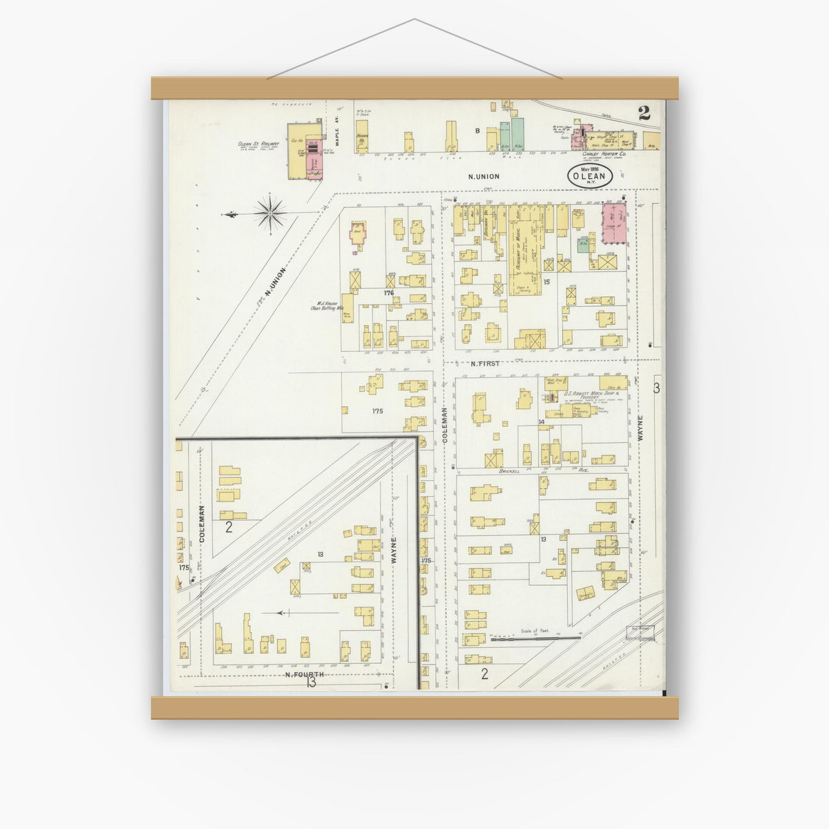 Old map wall art mockup — magnetic wood frame on white wall — Sanborn Fire Insurance Map from Olean, Cattaraugus County, New York (1898) - Complete Map Set