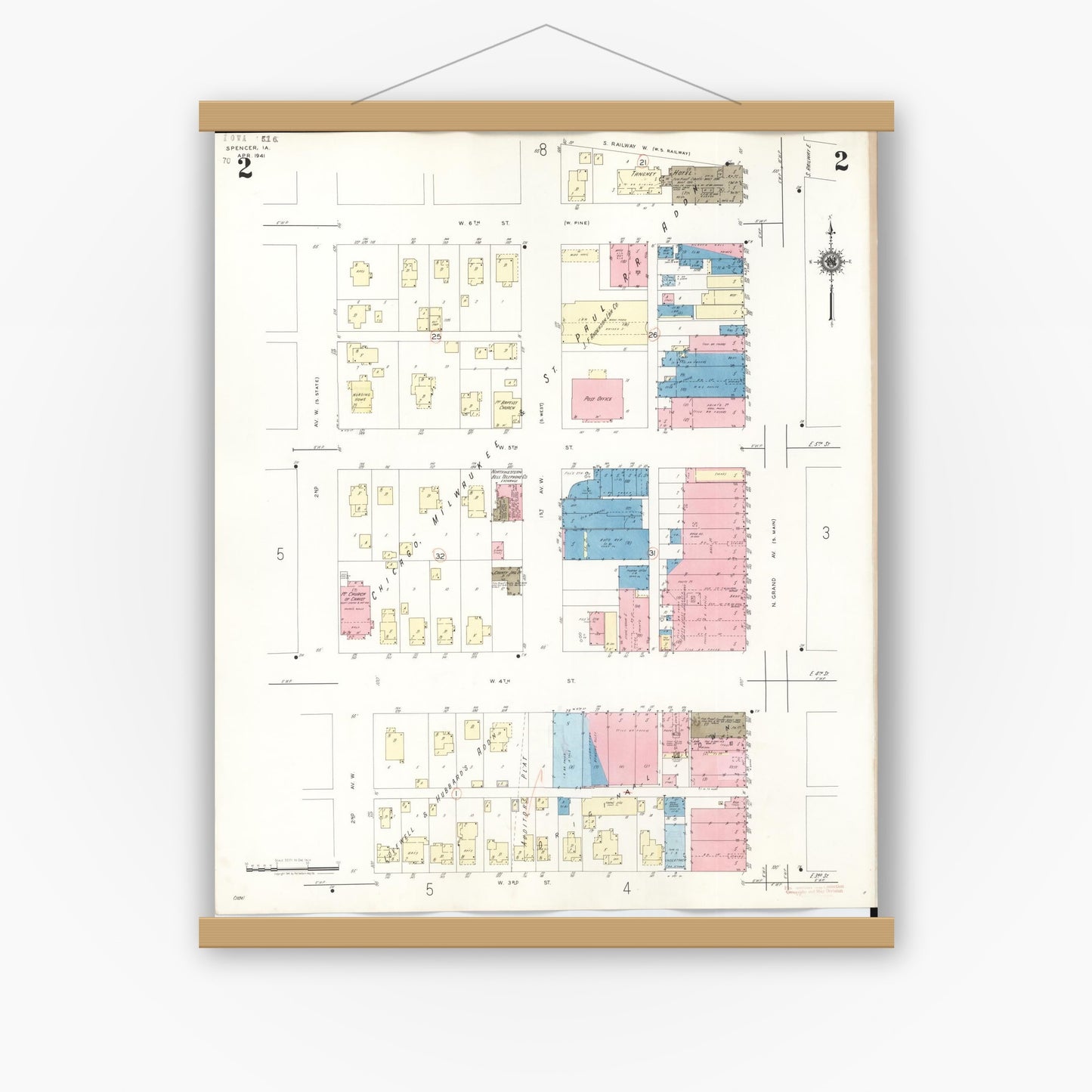 Old map wall art mockup — magnetic wood frame on white wall — Sanborn Fire Insurance Map from Spencer, Clay County, Iowa (1946), Sheet #0002