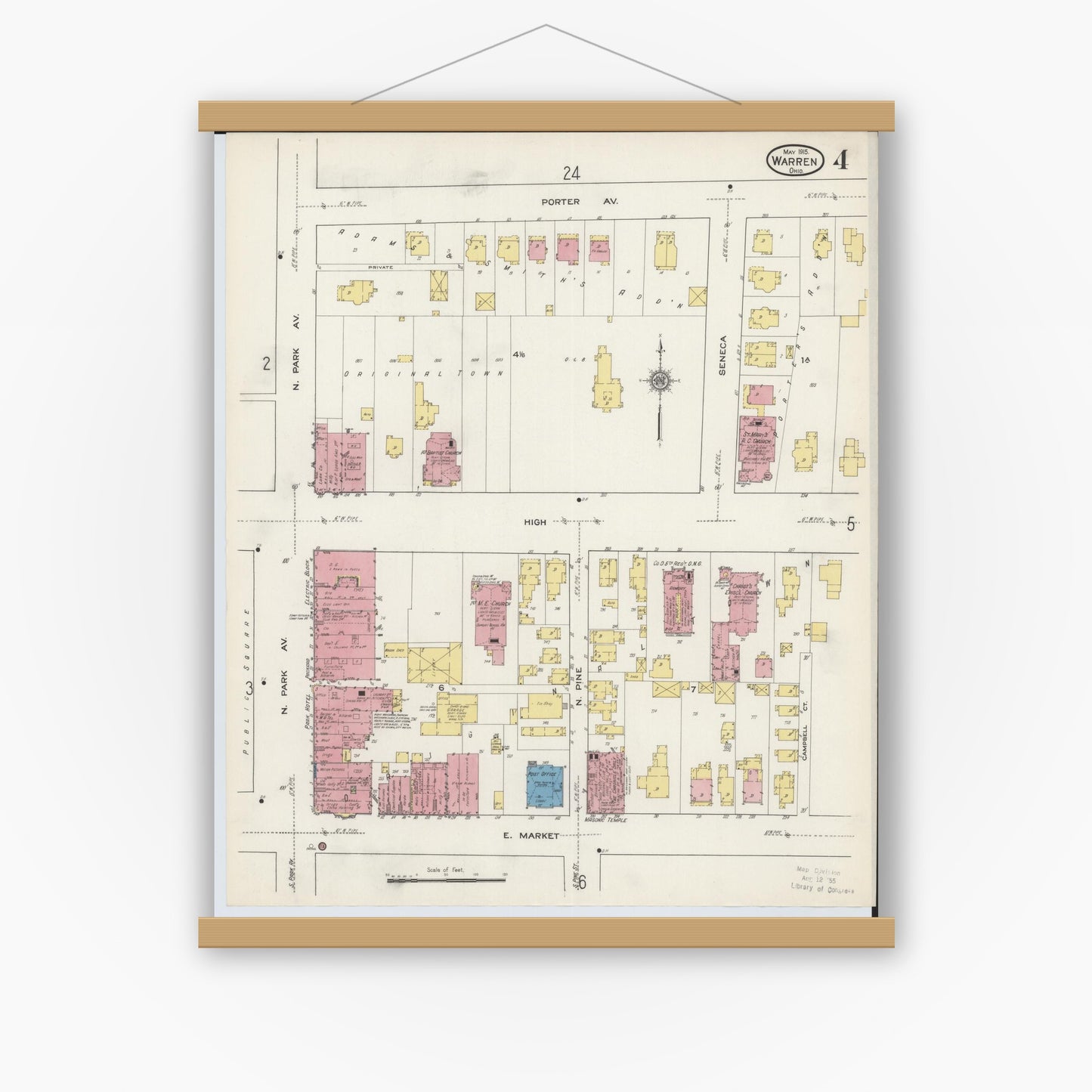 Old map wall art mockup — magnetic wood frame on white wall — Sanborn Fire Insurance Map from Warren, Trumbull County, Ohio (1915), Sheet #0004